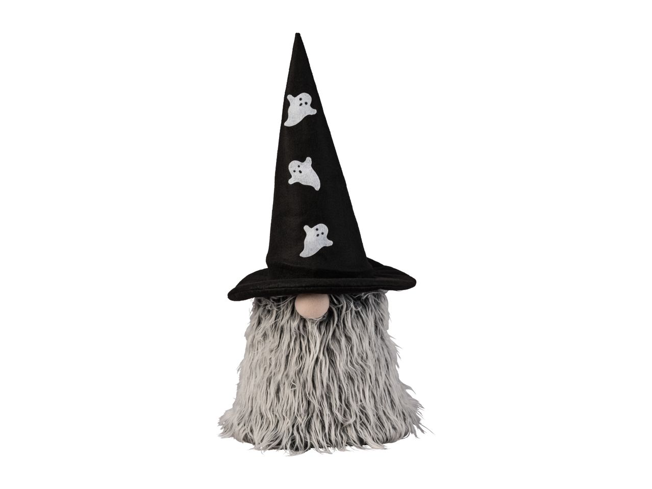 Halloween gnome decoration with a black witch hat decorated with ghosts