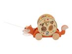 Wooden fox pull-along toy with shape sorter and forest animal illustrations.