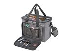 A gray craft bag with an open front pocket displaying various crafting tools.