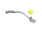 A gray plastic tennis ball launcher with a yellow tennis ball in mid-air.