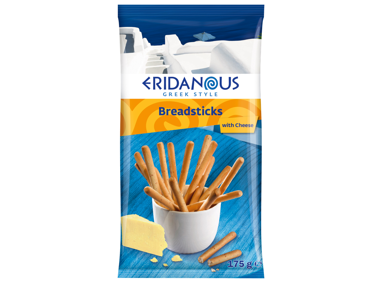 Гръцки хлебни пръчици със сирене, показани в бяла чаша с парче сирене отстрани.