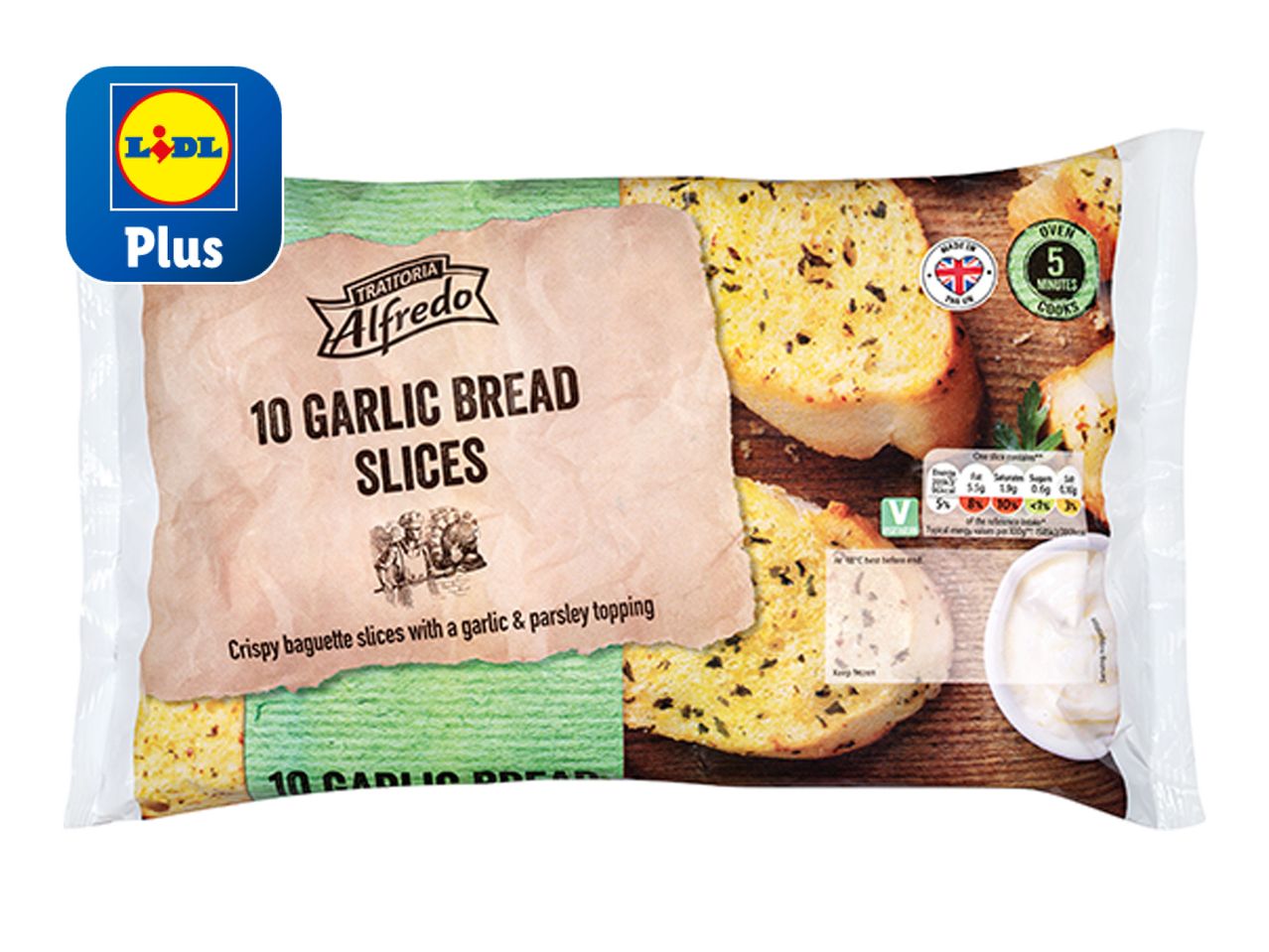 Lidl Plus Trattoria Alfredo 10 Garlic Bread Slices: Crispy baguette slices with garlic & parsley topping.