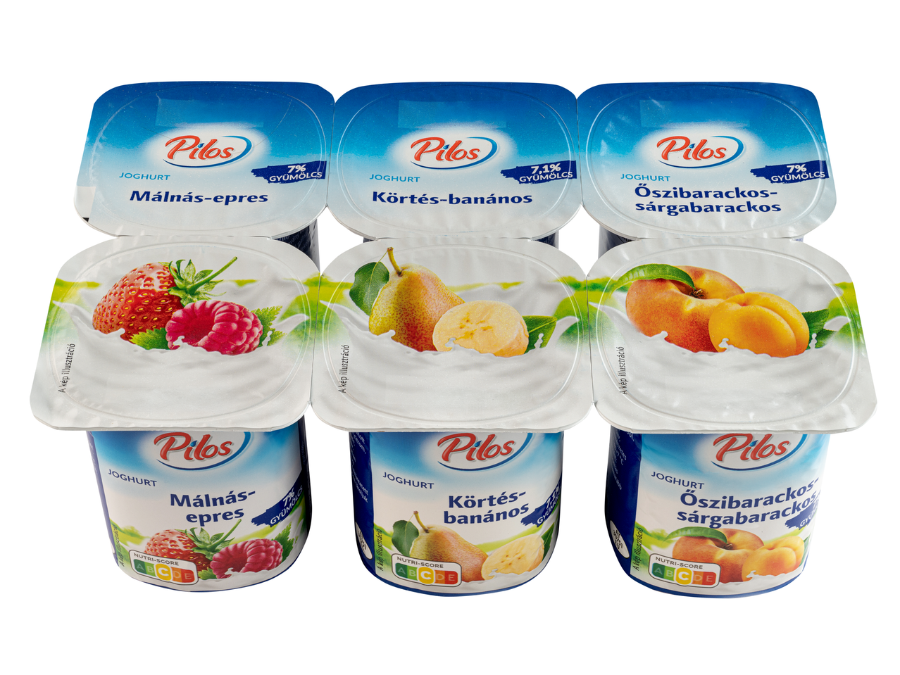 Pilos gyümölcsös joghurtok: málnás-epres, körtés-banános és őszibarackos-sárgabarackos ízekben.
