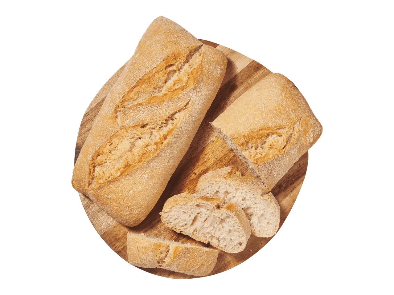 Leipäviipaleita ja kokonaisia leipiä puisella leikkuulaudalla.