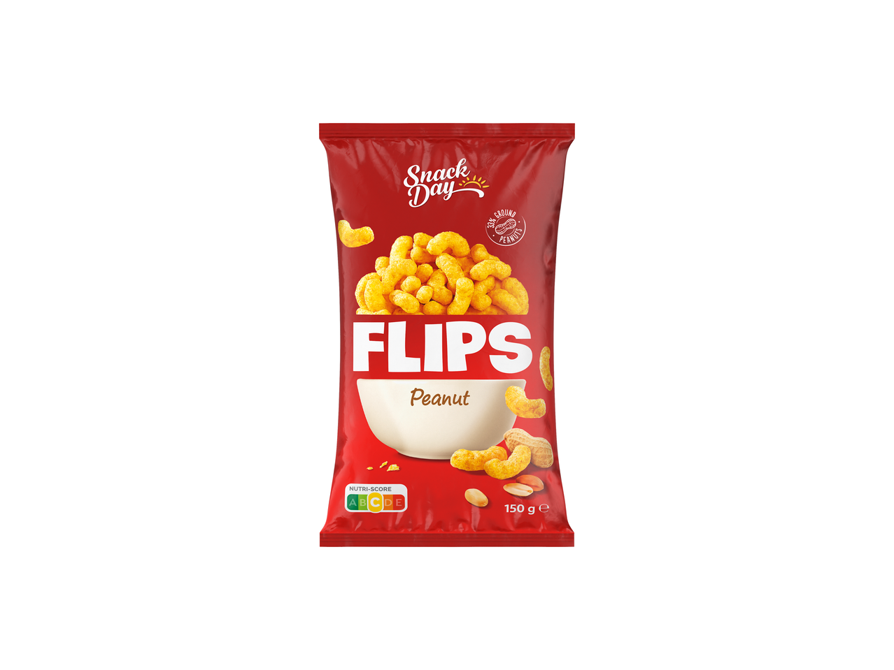 Snack Day FLIPS földimogyoró: ropogós naspolgácsa piros csomagolásban.
