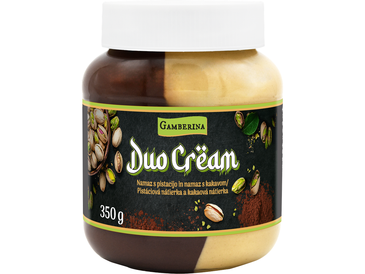 Duo-kräm med pistage- och kakaosmak i en burk, 350 g.