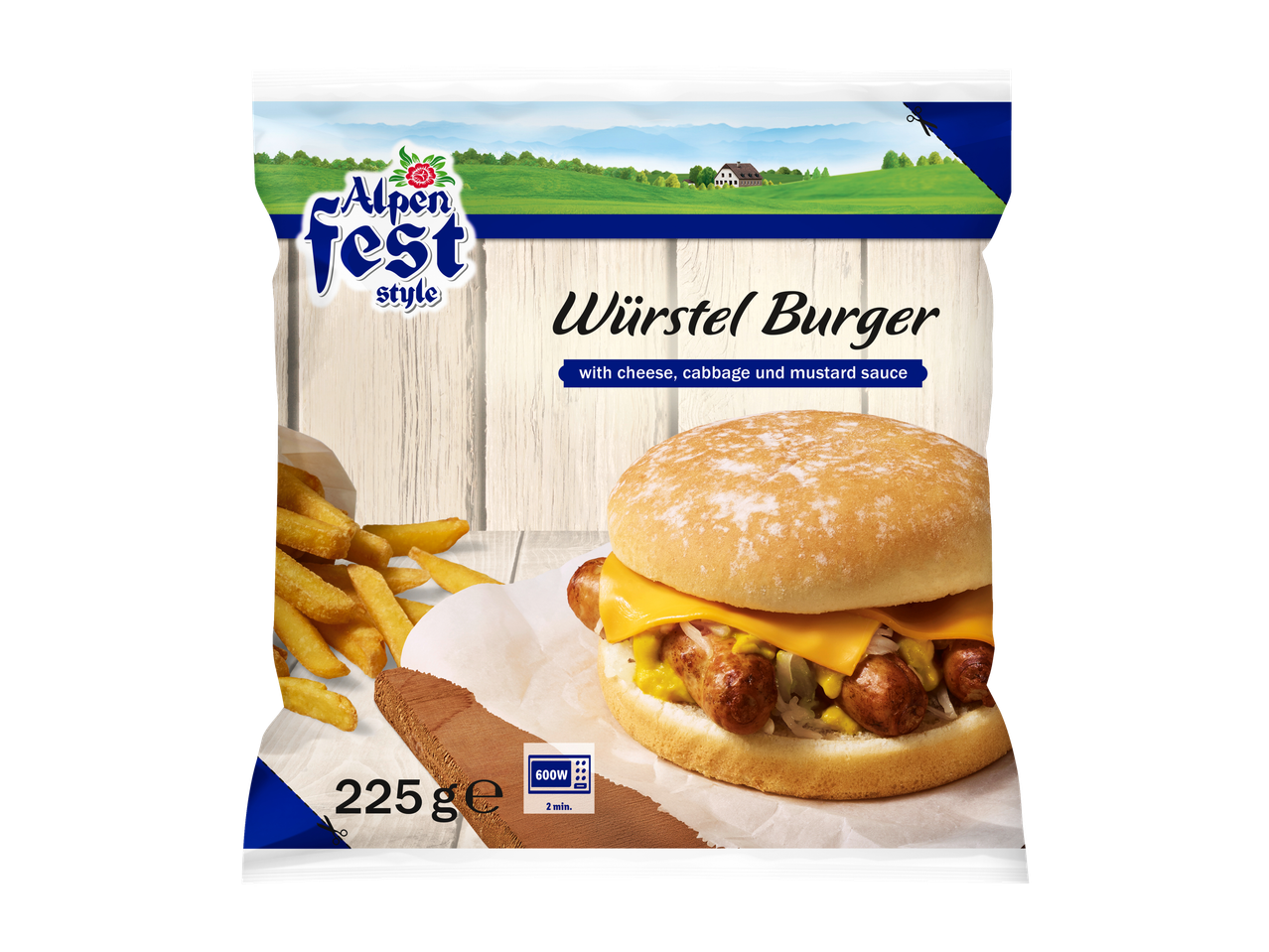 Alpenfest Würstel Burger met frietjes