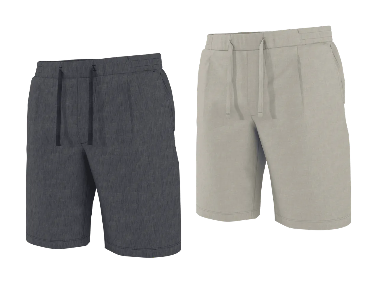 Zwei Stoffshorts, eine dunkelgrau und eine hellbeige, mit Kordelzug.