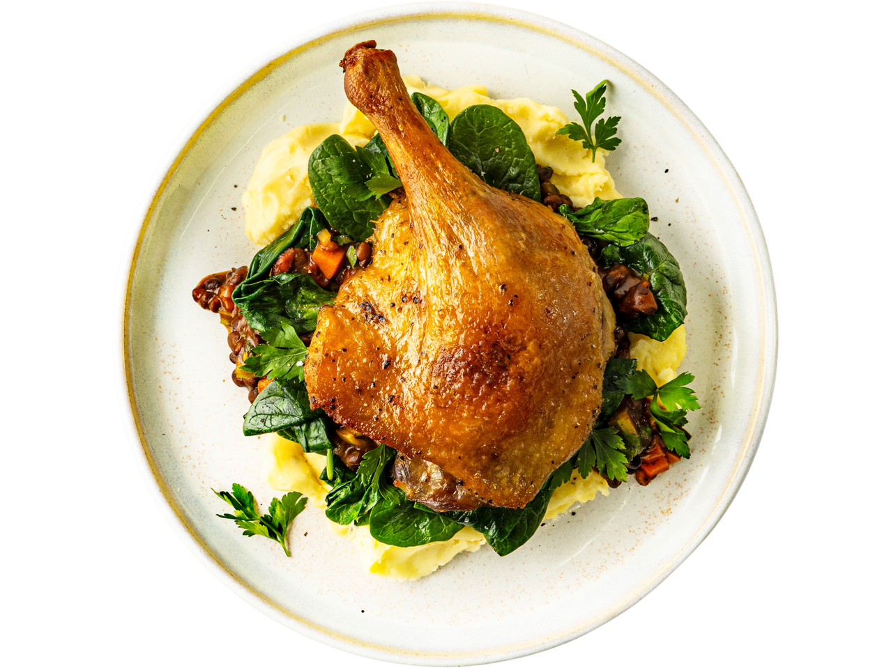 Crispy duck confit with mashed potatoes, spinach, and lentils on a white plate.