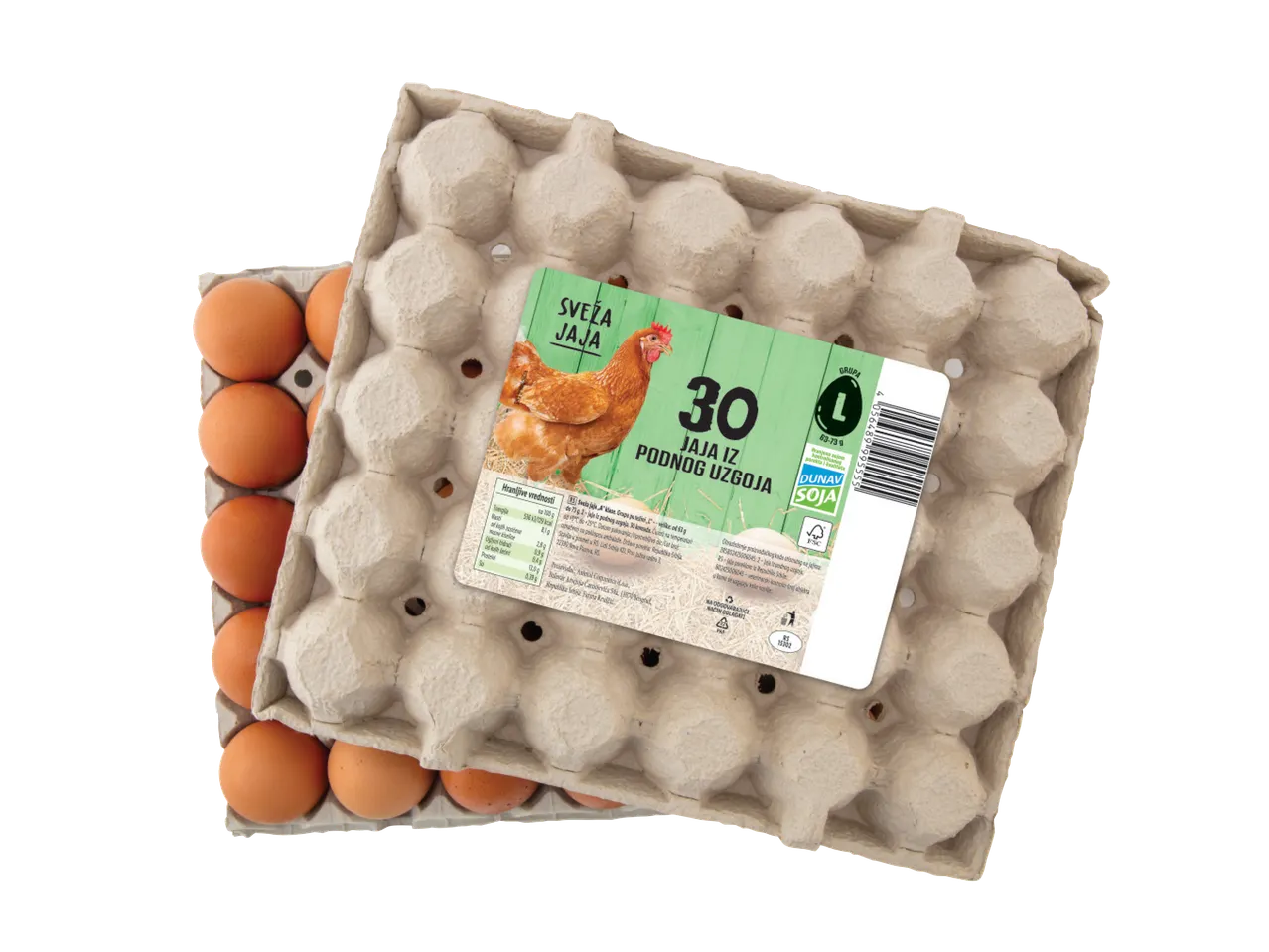 Dve kartonske kutije sa 30 svežih jaja iz podnog uzgoja, sa zelenom etiketom.