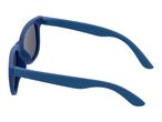 Blue sunglasses with dark lenses, viewed from the side with arms extended