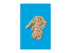 Kids' floral long-sleeve rash guard and matching shorts on a blue background.