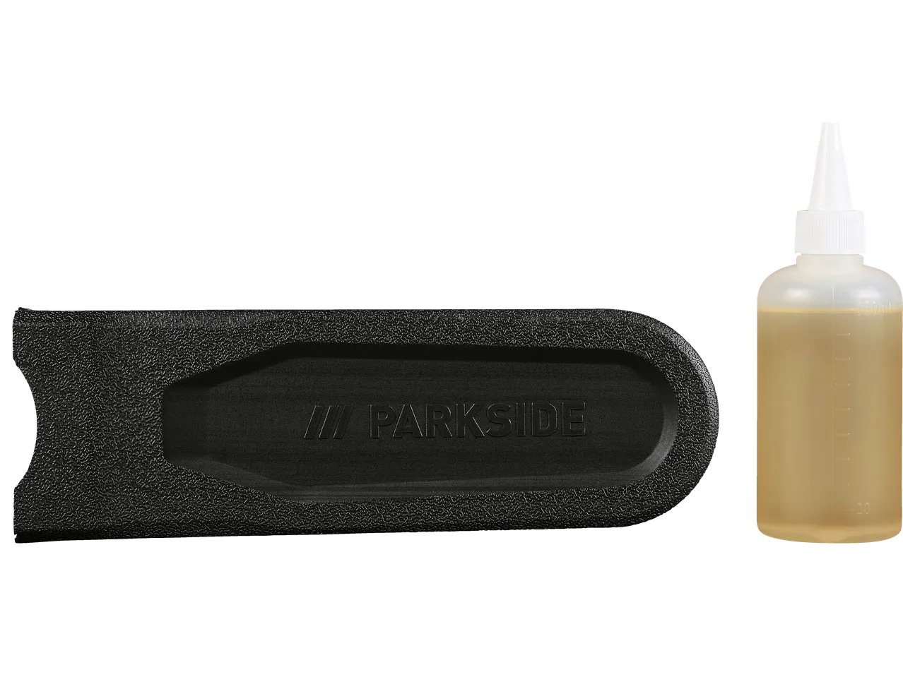 Parkside chainsaw bar and bottle of chain oil.