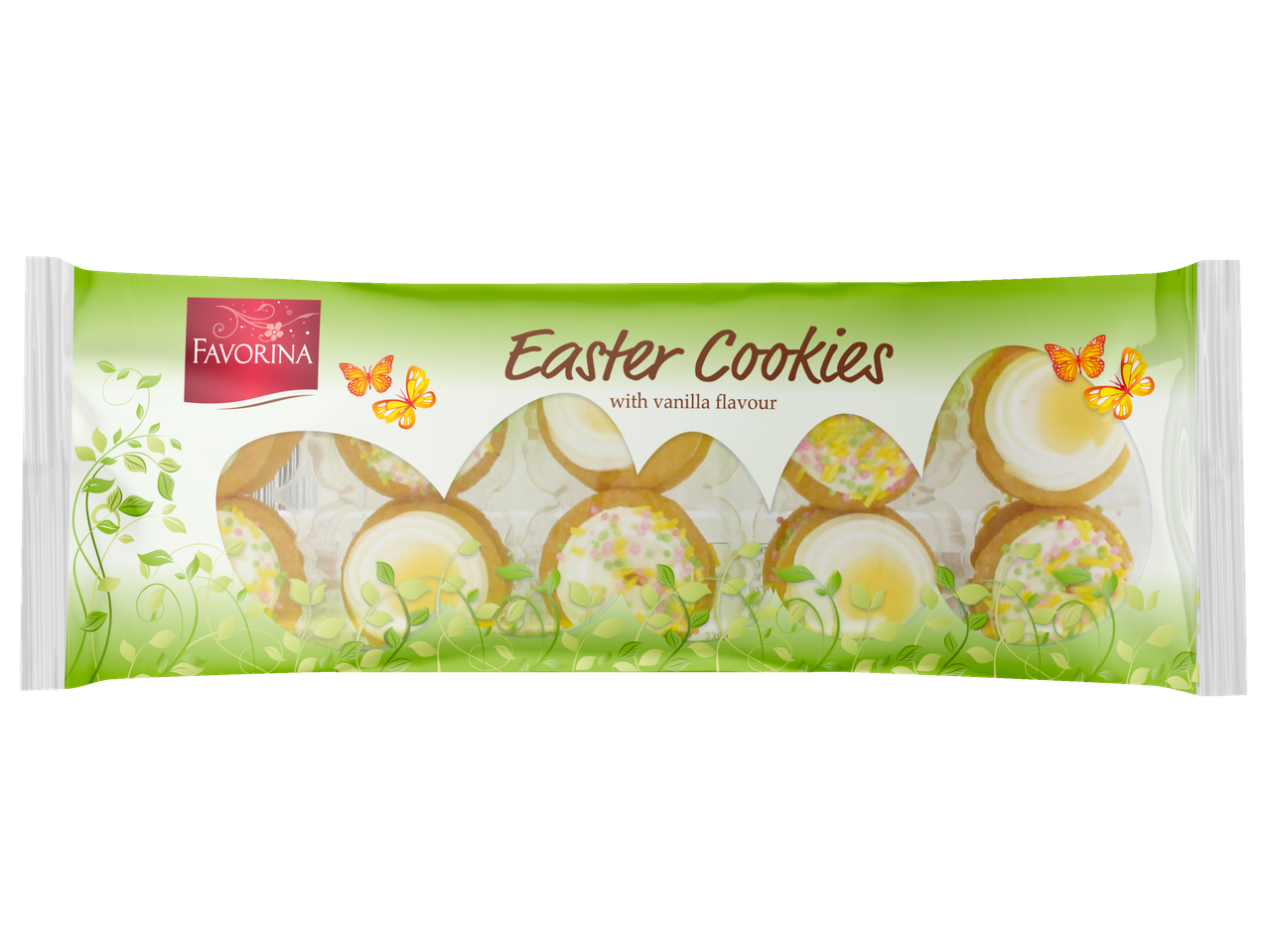 Paaskoekjes met vanillesmaak in konijnenvormen, met groen gebladerte en vlinders.