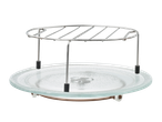 Microwave oven glass turntable with a metal grill rack on top.