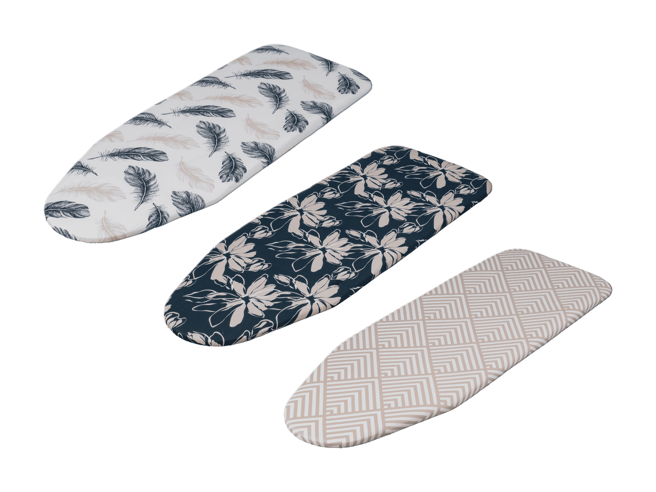Trois housses de planche à repasser avec des motifs variés : plumes, fleurs et géométriques.