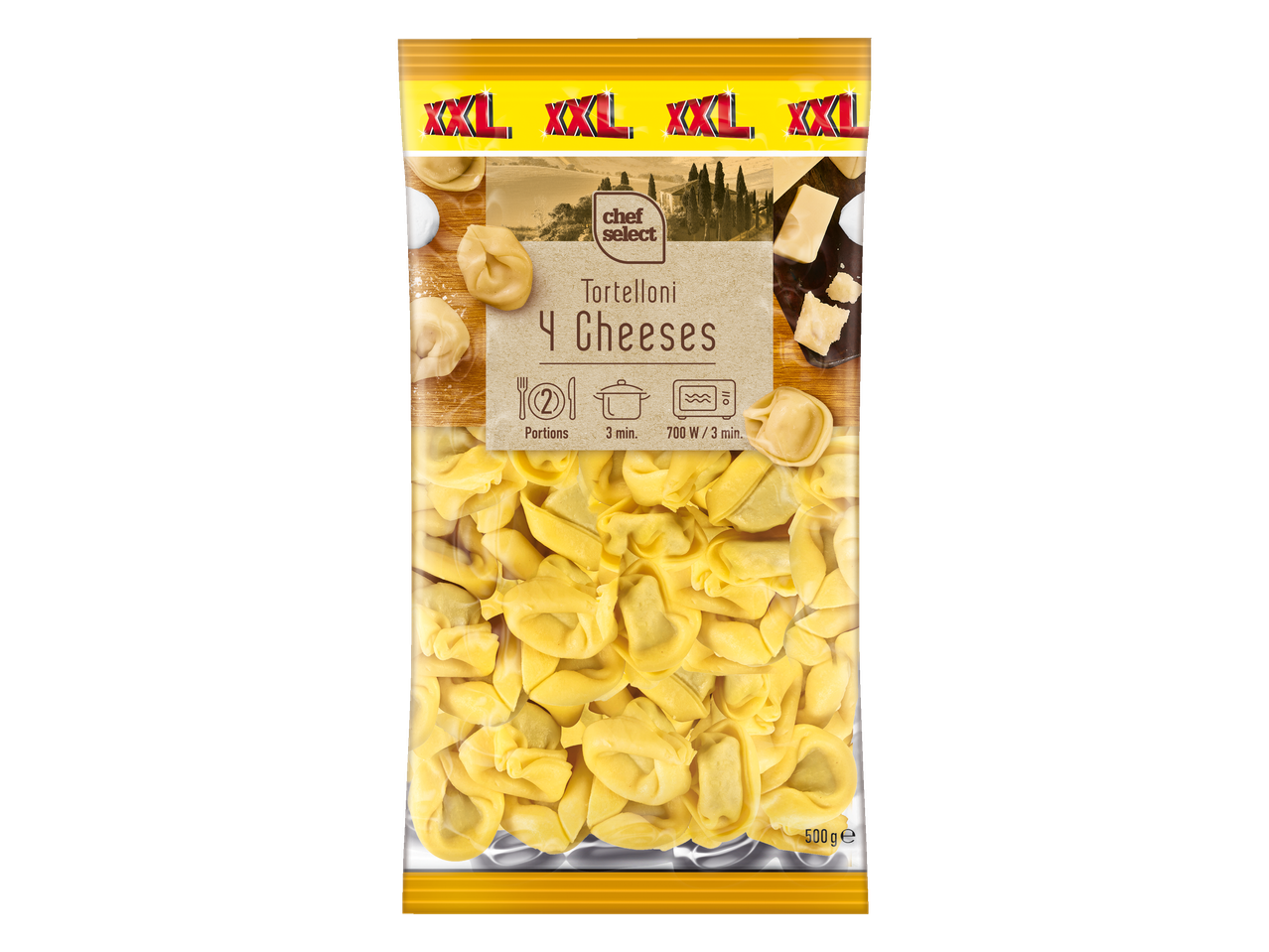 Chef Select XXL tortellīni ar 4 sieriem, 500 g iepakojums.