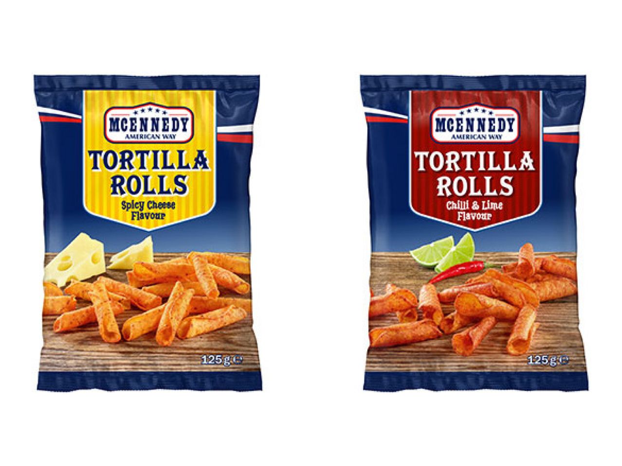 Two bags of tortilla rolls: one spicy cheese flavor and one chili & lime flavor.