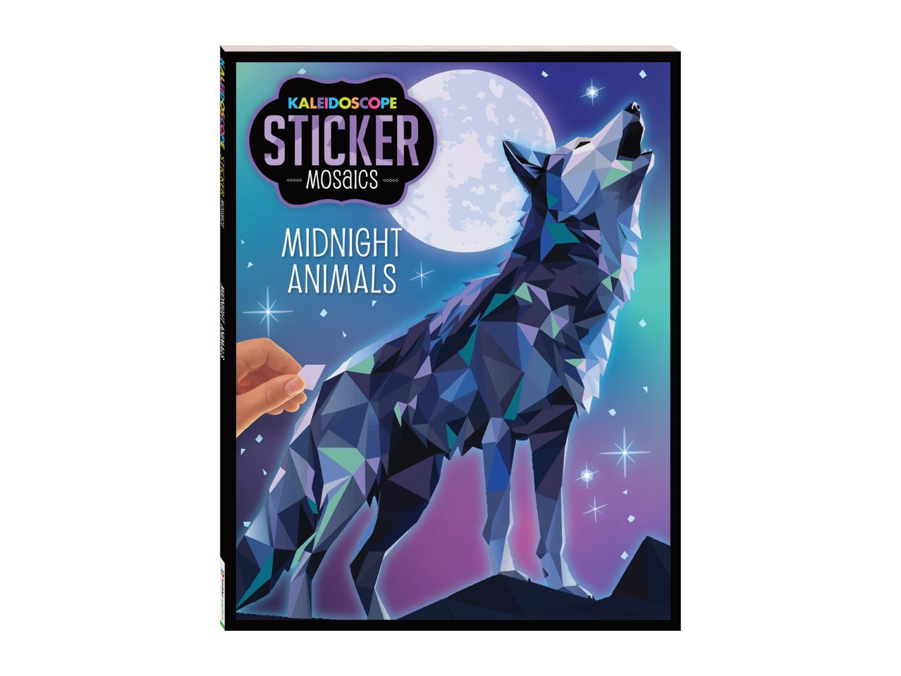 Kaleidoscope Sticker Mosaics book featuring a howling wolf under a full moon.