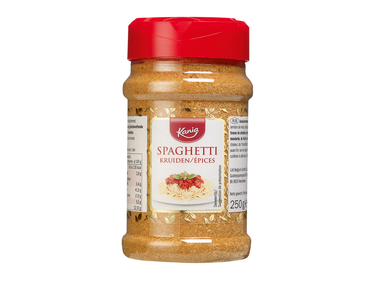 Assaisonnement Kania pour spaghetti, un pot de mélange d'épices pour pâtes.