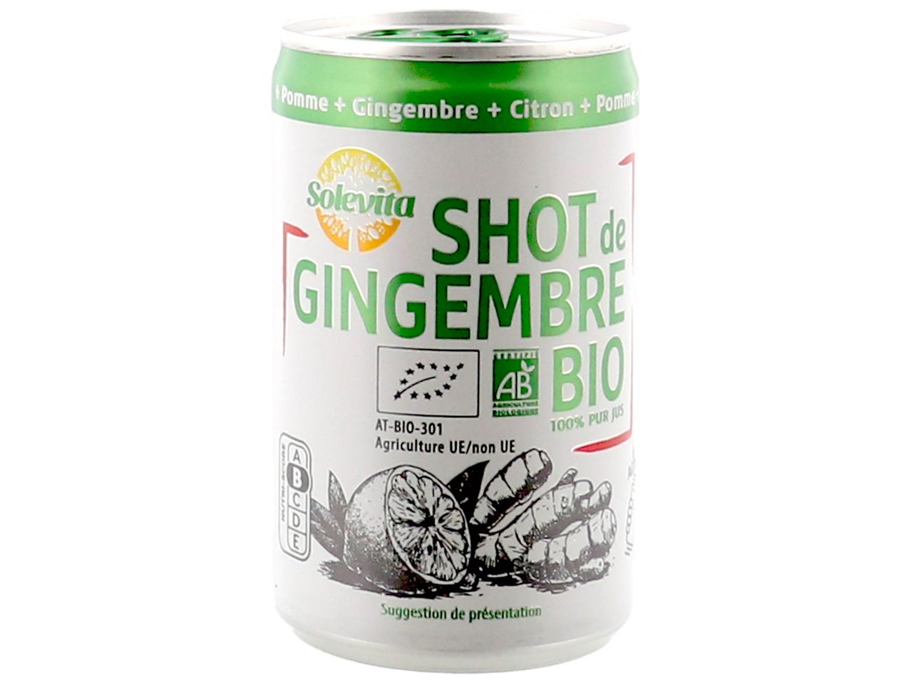Canette de shot de gingembre bio SoleVita avec pomme et citron.