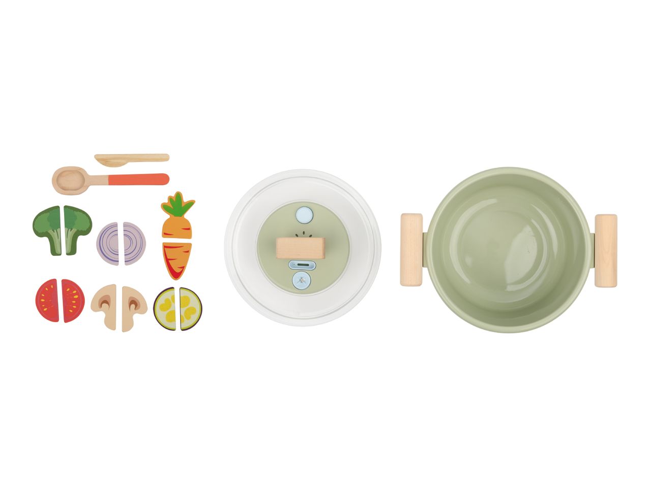 Toy cooking set with pot, lid, spoon, knife, and sliced vegetables like broccoli, carrot, tomato.