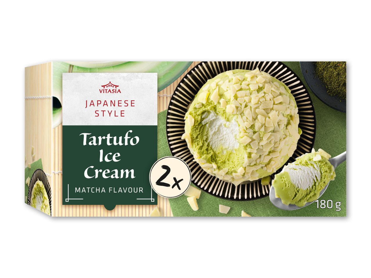Matcha-is i japansk stil med hvid chokolade og en pakke med 2 portioner, 180 g.