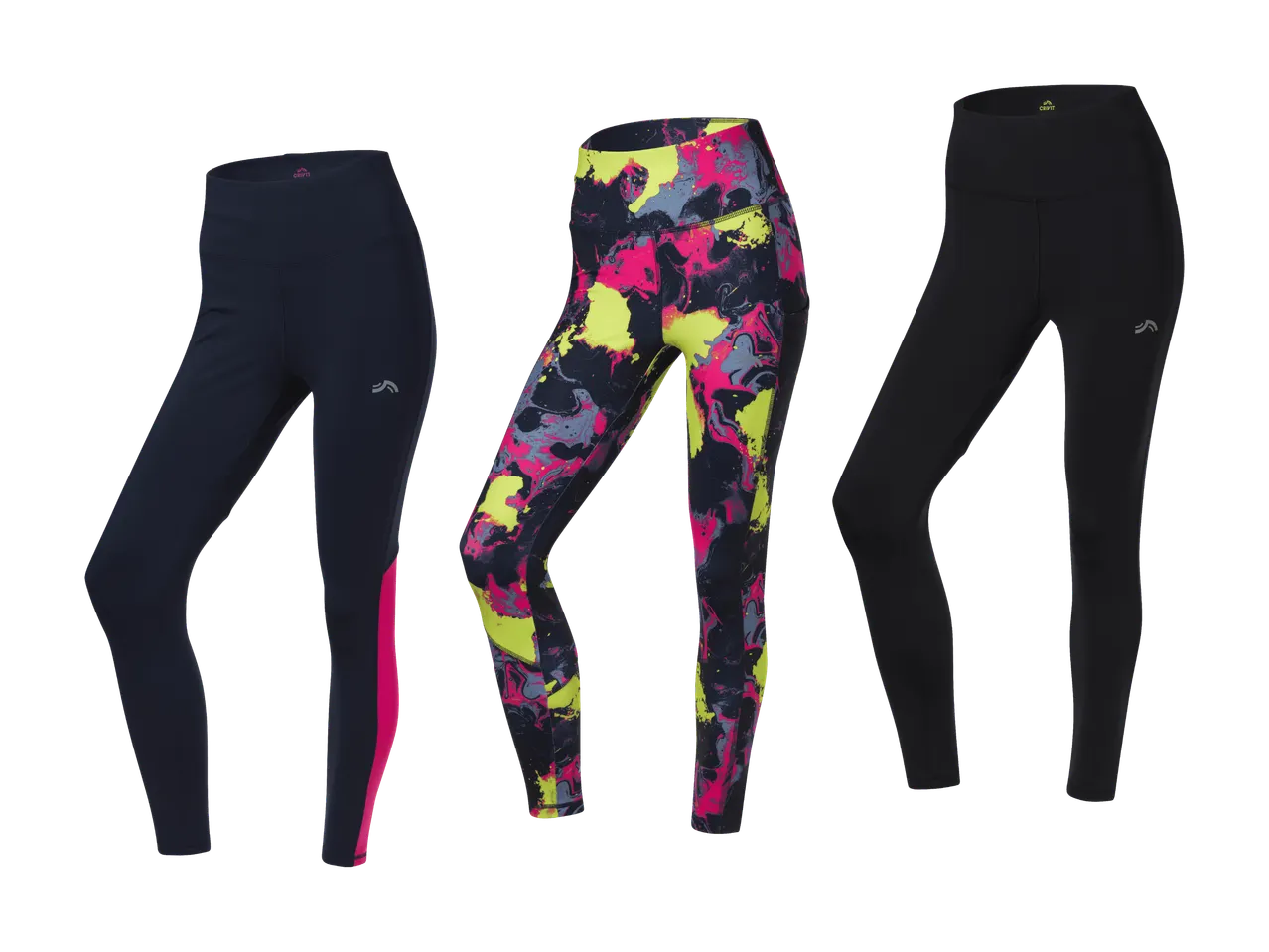 Drei Crivit Sportleggings: eine marineblaue, eine gemusterte und eine schwarze.