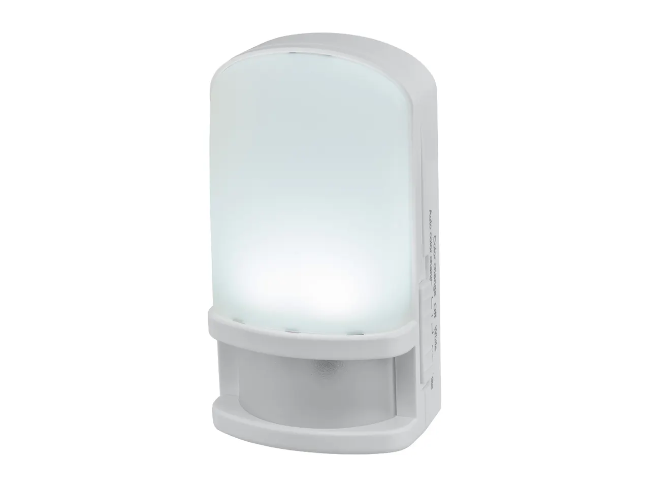 White motion sensor night light with a frosted diffuser, illuminated brightly.