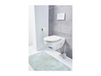 A modern bathroom with a wall-mounted toilet, toilet paper holder, flush plate, and a bath mat.