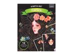 Scratch art kit with a fairy theme, featuring a girl with flowers in her hair, 12 sheets, and a scratch pen.