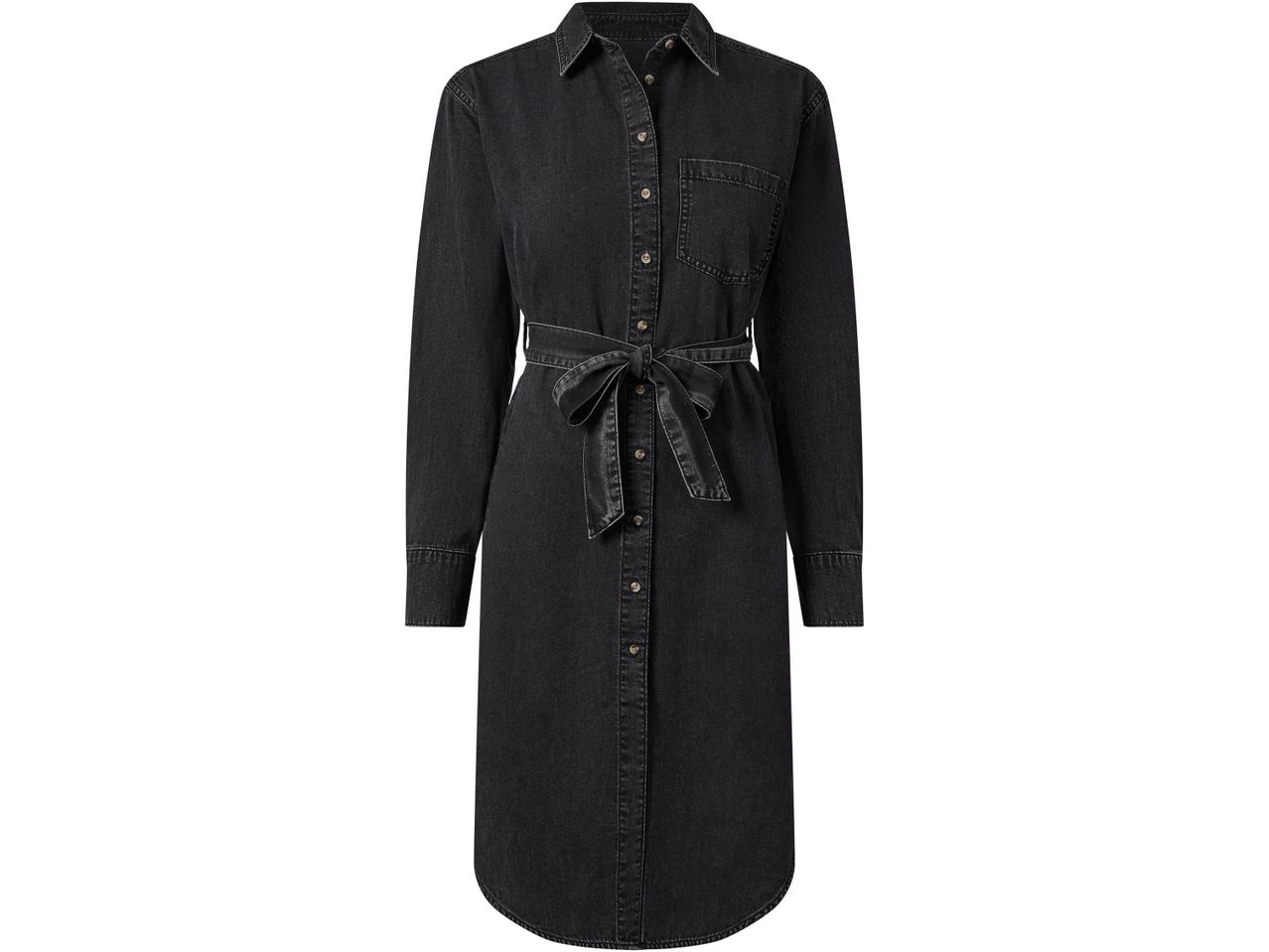 Abito chemisier in denim nero con cintura annodata in vita.