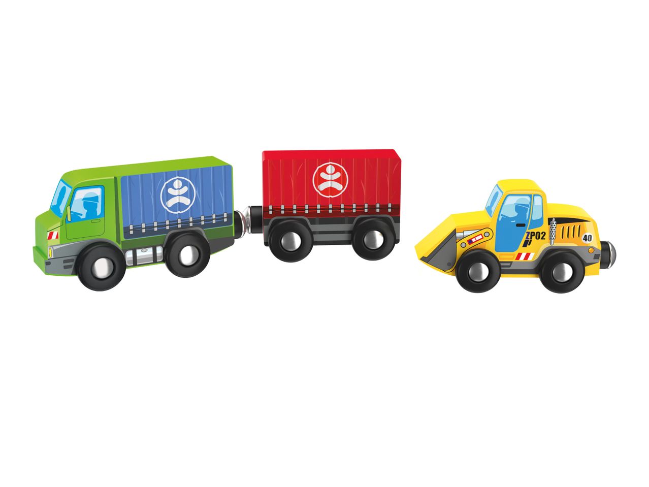 Wooden toy truck with blue cargo, red cargo wagon, and yellow front loader.