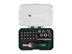 Screwdriver bit set with various bits, sockets, and a ratchet screwdriver in a case.