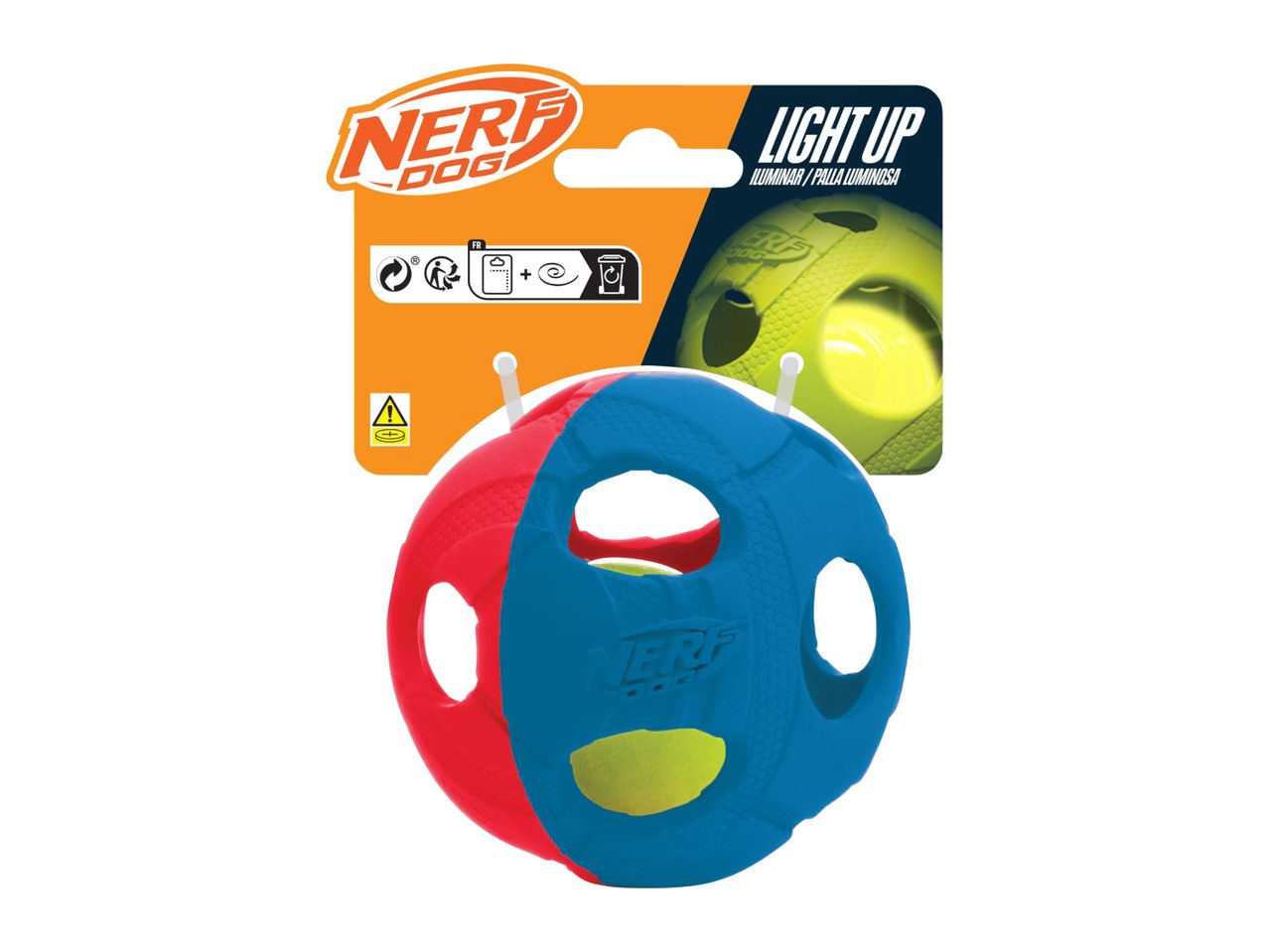 Nerf Dog Light Up ball toy for dogs, red and blue.