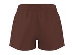 Brown athletic shorts with an elastic waistband, back view.