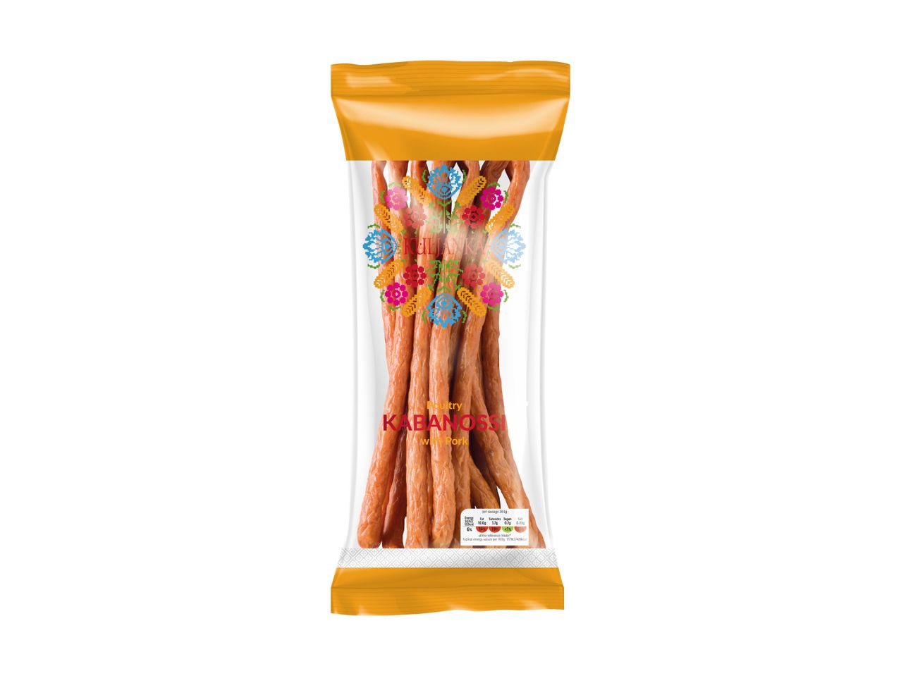 A package of Kuljanka Kabanossi poultry sausages with pork, featuring a traditional Polish folk-art design.