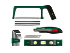 Set de unelte PARKSIDE cu fierăstrău, chei hexagonale, cutter și nivelă.