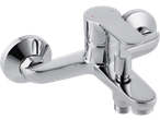 Livarno chrome-plated mixer tap with a single lever and diverter knob.