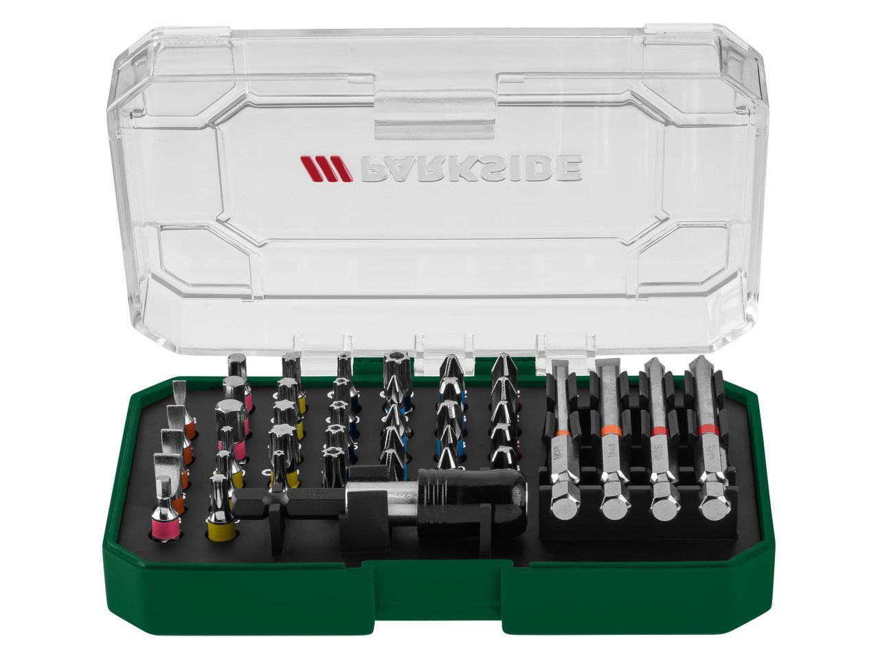 A clear case of Parkside screwdriver bits and accessories in a green and black holder.