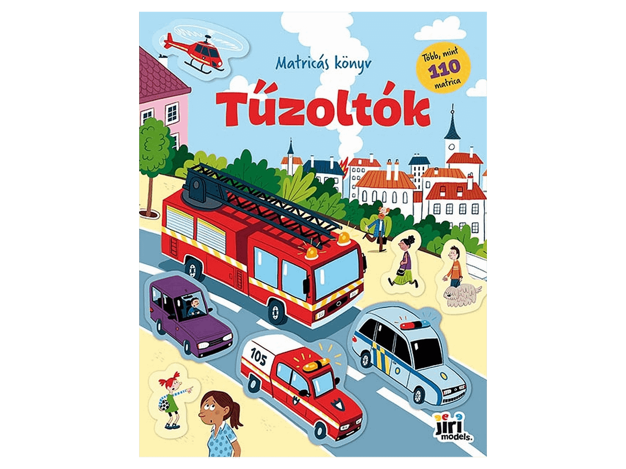 Tűzoltók témájú, matricás gyerekkönyv színes illusztrációkkal.