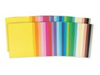 A fanned stack of colorful craft paper in various shades, from yellow to brown and black.