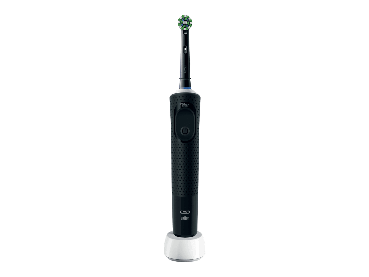 Oral-B Pro 3 sähköhammasharja lataustelineessä mustalla taustalla.
