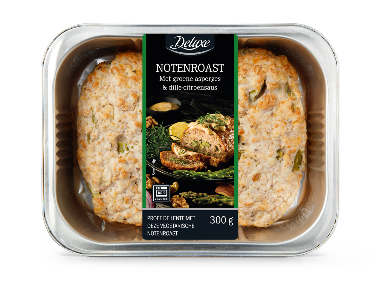 Vegetarische notenroast met groene asperges en dille-citroensaus in een aluminium bakje, 300g.