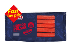 Pakke med hotdogpølser med teksten 'Fast lav pris' og 'Hot hottere hotdog'.