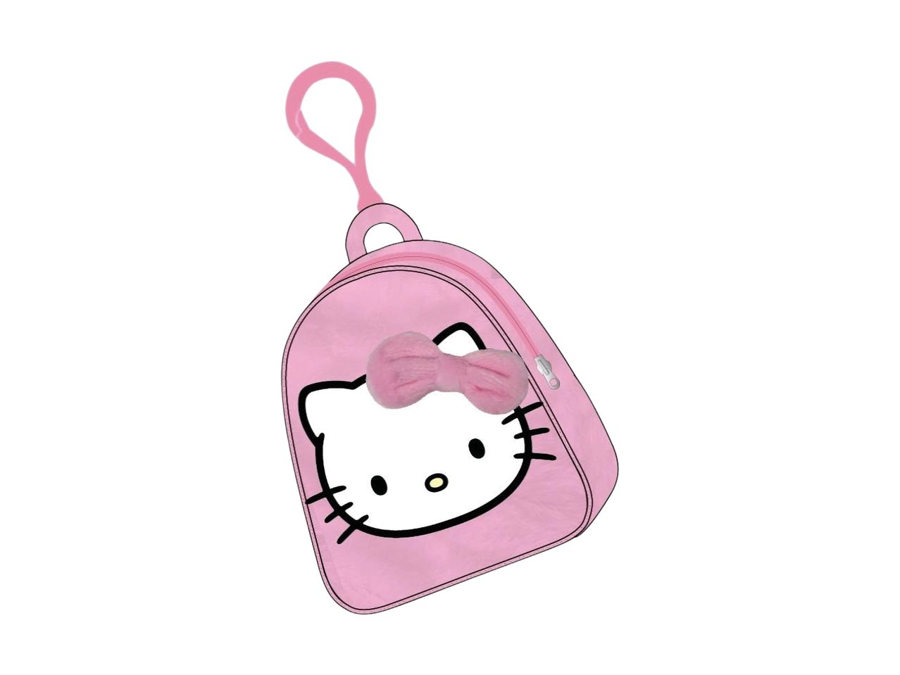 A pink Hello Kitty backpack with a fuzzy bow and a loop for hanging.