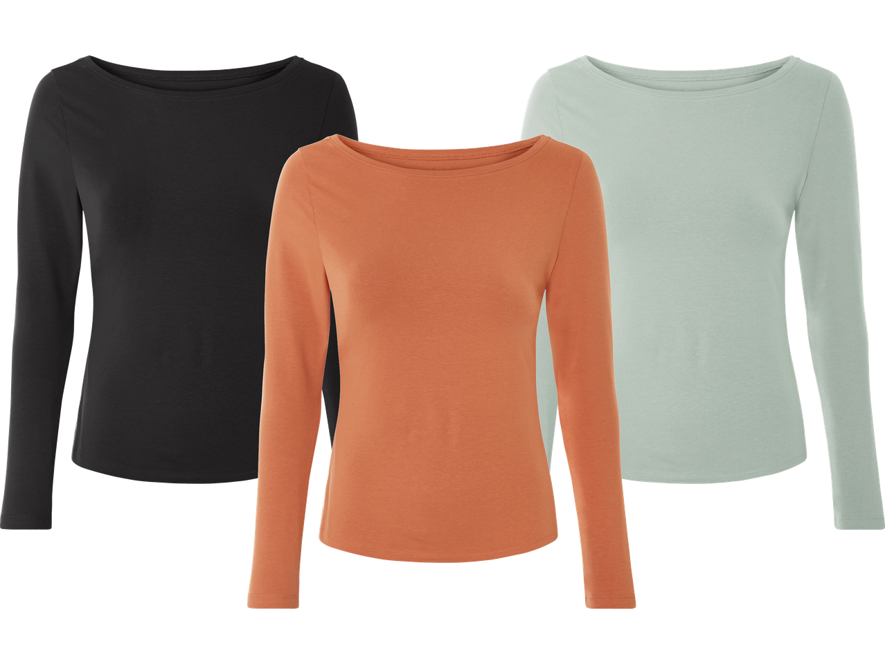 Tre långärmade toppar i svart, orange och ljusgrönt.