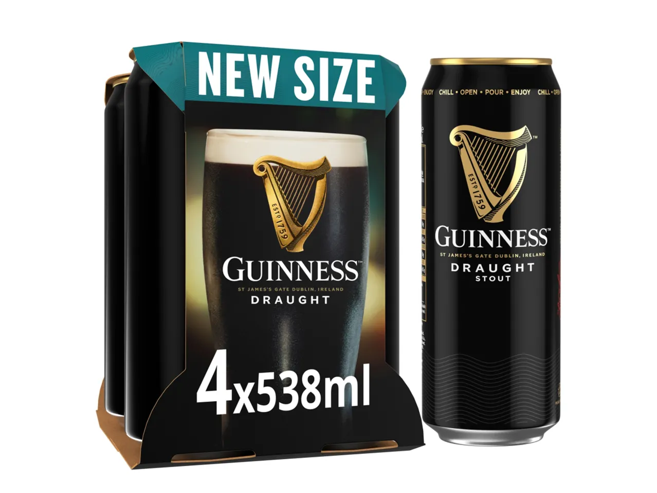Guinness Draught Stout in 4x538ml cans: new size.