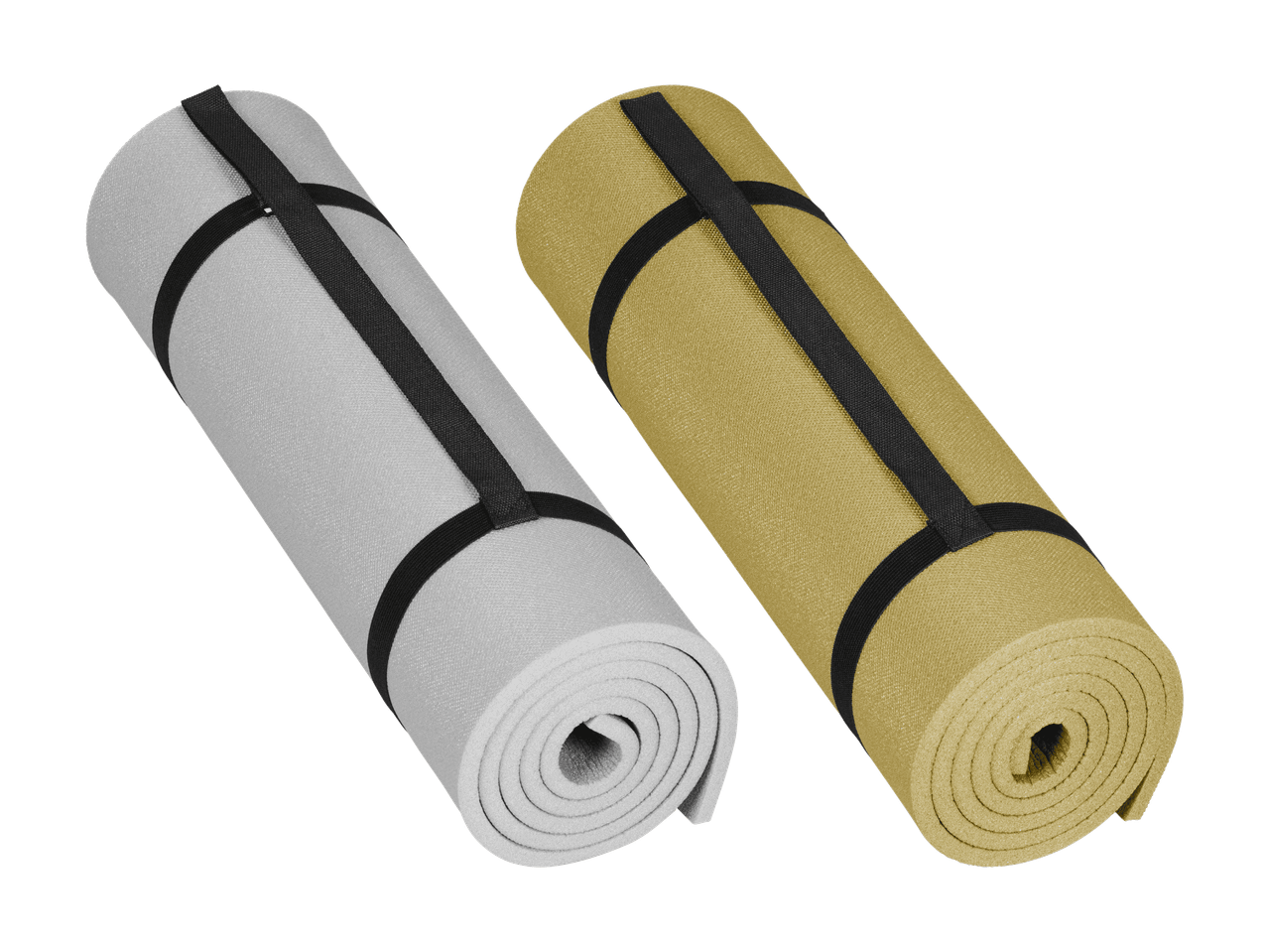 Deux tapis de sol de camping enroulés, un gris et un beige, avec des sangles noires.