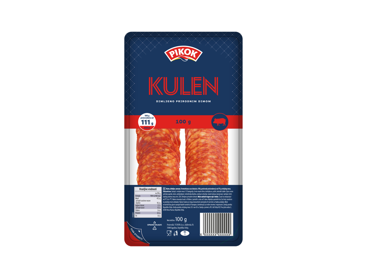 Pakovanje dimljenog kulena, narezanog na kolutove, sa informacijama o proizvodu i nutritivnim vrednostima.